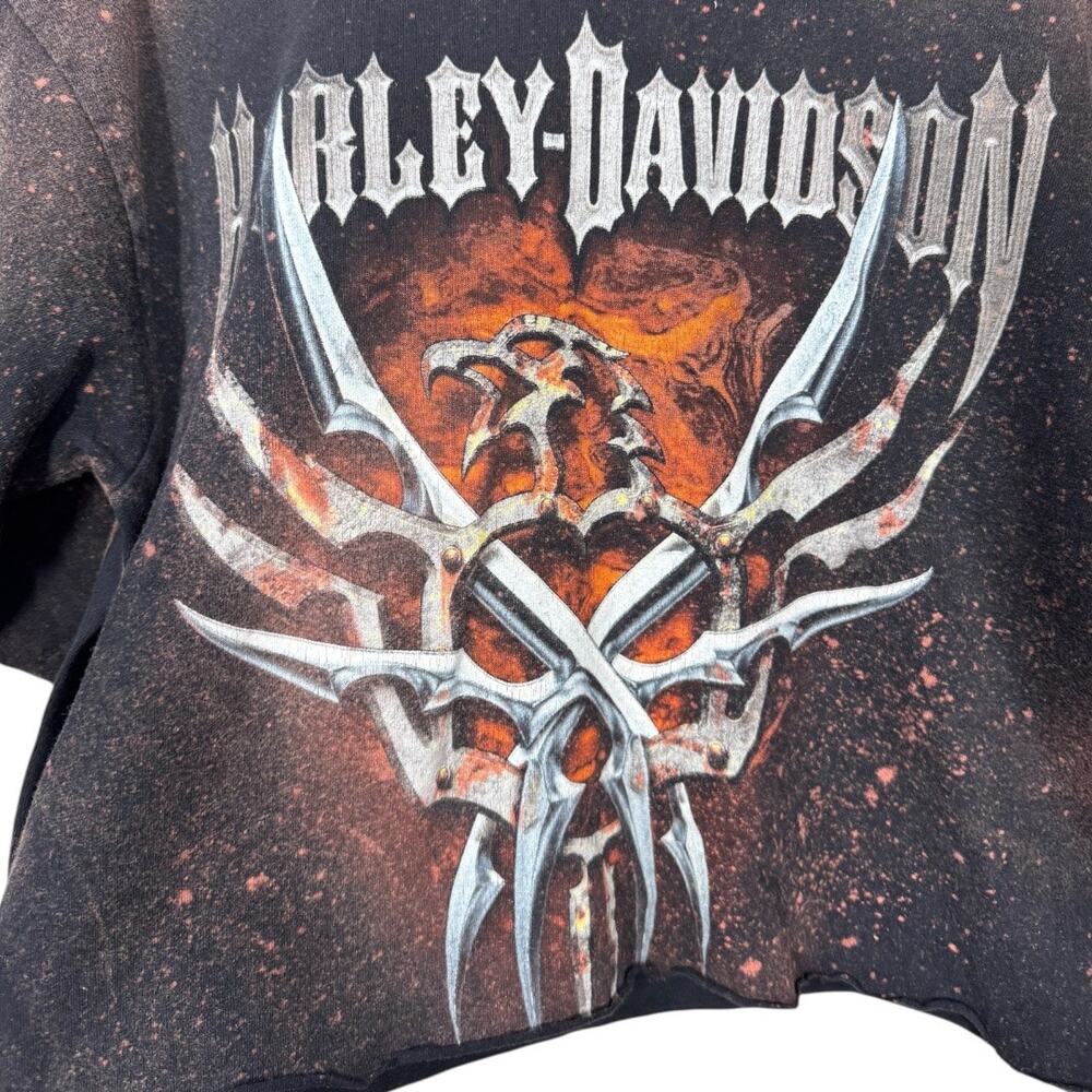 Reworked Harley Davidson Cropped Graphic Tee Large Oversized Bleached Boho Edgy - Picture 2 of 4